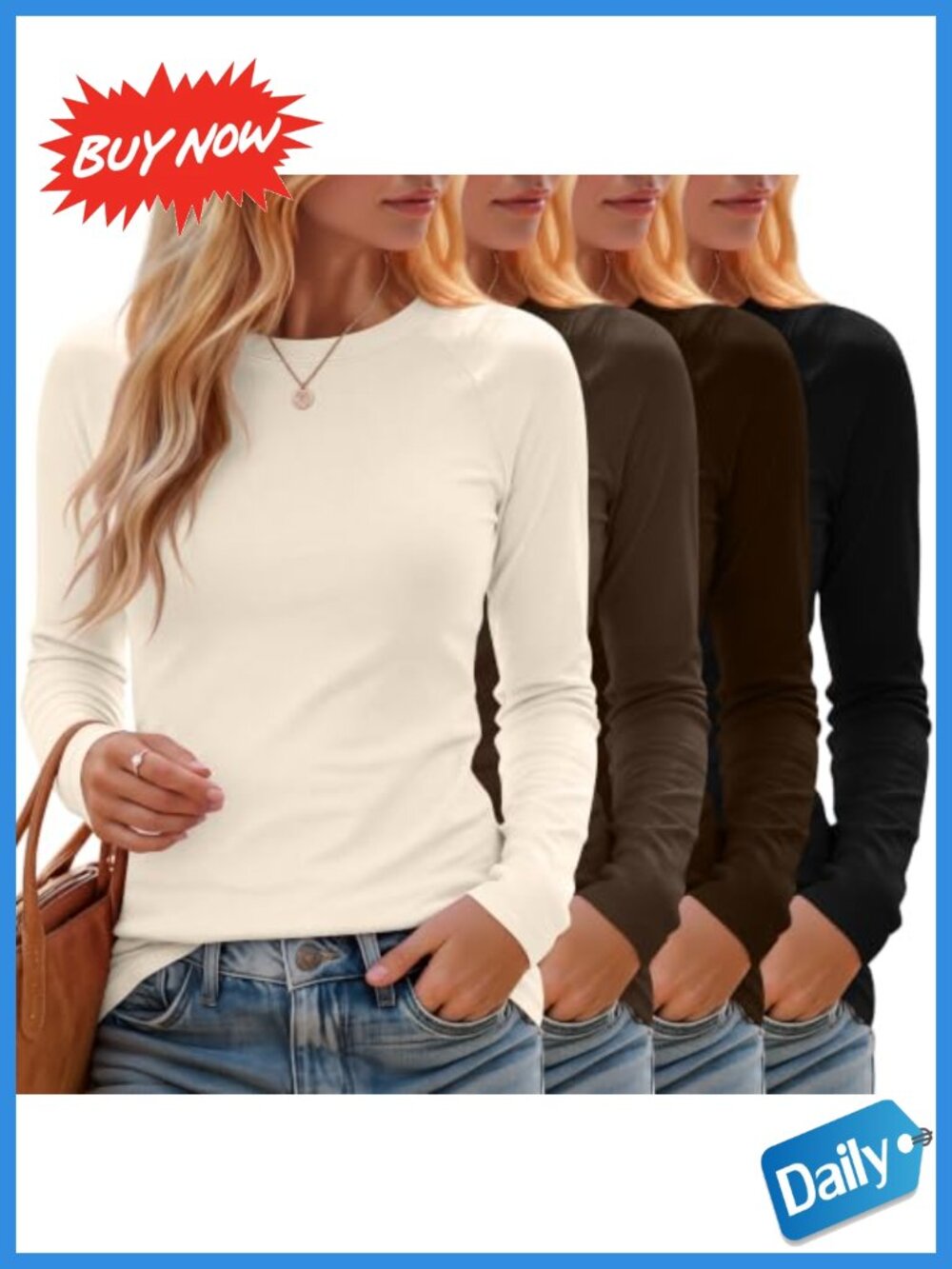 Women's Cotton Blend Long Sleeve Crew Neck Slim Fit T-Shirt 4 Pack